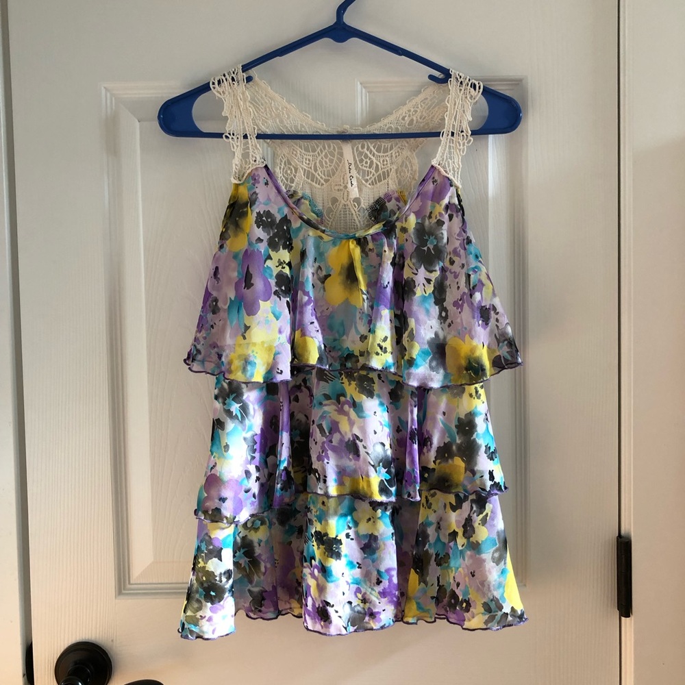 Layered Floral Tank Top with Crocheted Straps